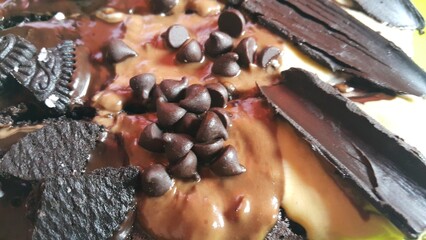 Very delicious chocolate cake close up shot.