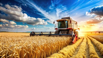 rural, farm, technology, wheat, harvesting, autumn, abundance, food, A combine harvester works in perfect symmetry as it efficiently harvests a vast field of golden wheat