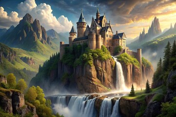 Painting of a majestic medieval castle perched atop a rugged mountain overlooking a breathtaking waterfall captured from a tilted angle, waterfall, dramatic, turrets, tilted angle