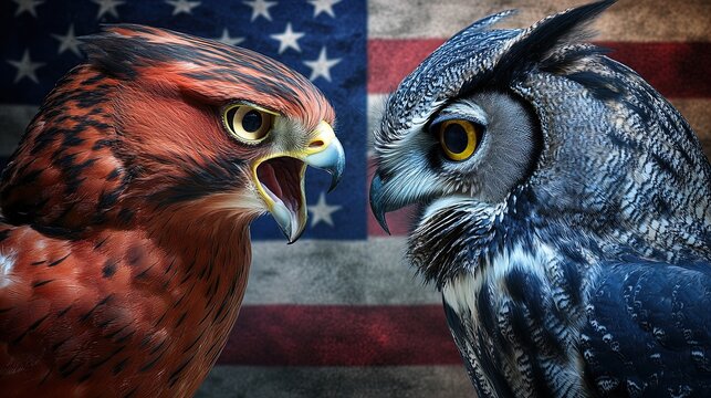 Confrontation of Colors: An Aggressive Red Falcon vs. a Wise Blue Owl – Perfect for a Sports-Themed Poster Capturing Tension Against the Bold American Flag!