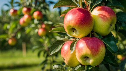 Obraz premium Fresh apples on tree with apple orchard background.