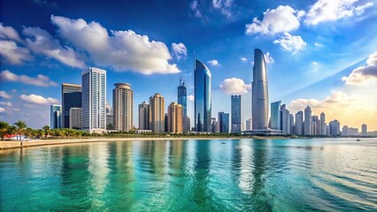 Obraz premium Downtown Abu Dhabi shining under the sun with the backdrop of the sea and towering skyscrapers representing a sunny summer in the UAE, high-rise, summer, skyline, buildings, tourism, vibrant