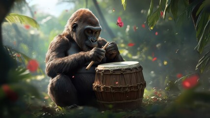 Gorilla drumming energetically in a lush jungle, surrounded by vibrant foliage and dynamic energy, capturing rhythm and strength.