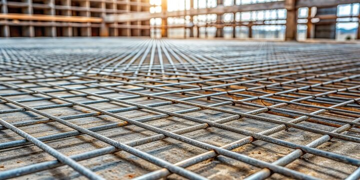 A detailed close up view of a mesh used for reinforcing a concrete slab in a garage, architecture,reinforcement, metal., materials, reinforcement mesh, reinforcing, durability, construction