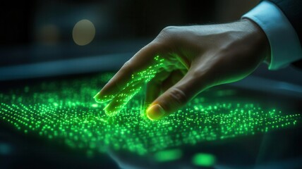 Businessman's hand touching glowing green data on reducing carbon footprints, symbolizing corporate climate strategy, photorealistic