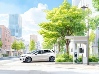 Obraz premium A modern city street featuring a parked car, lush trees, and an electric charging station under a bright blue sky.