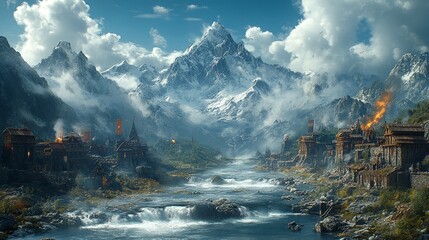 Fototapeta premium Majestic Mountain Range with Medieval Village and River