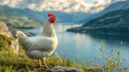 Naklejka premium White Rooster on a Mountain Lake.