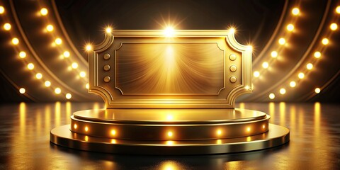 round,gold, Depth of Field, captivating, illuminated, luxury, ticket, Golden ticket on a luxurious round podium illuminated with neon lighting creating a captivating Depth of Field