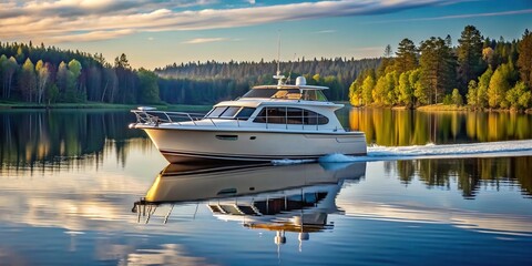 A magnificent cabin cruiser glides gracefully across the calm waters of an exquisite secluded lake epitomizing ultimate luxury and serenity, nature, recreational, relaxation, exclusive