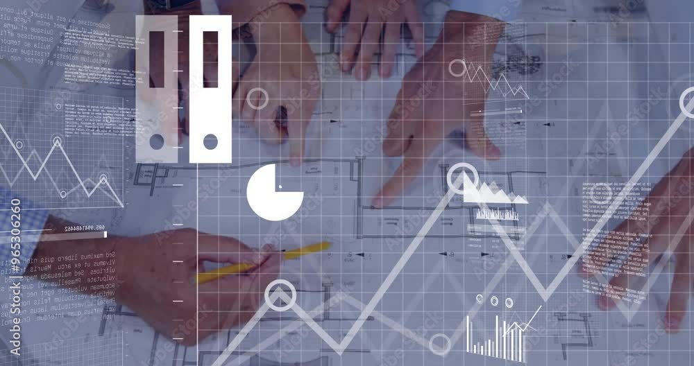 Poster animation of financial data processing over hands of diverse colleagues taking notes on blueprint
