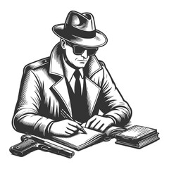 detective writing in a notebook, gun placed on the table, classic noir style sketch engraving generative ai fictional character raster illustration. Scratch board imitation. Black and white image.