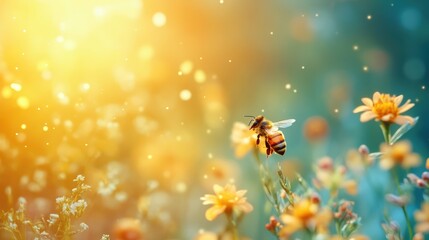 Naklejka premium Bee in Flight Over Yellow Flowers.