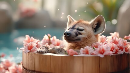 A hyena enjoying a luxurious spa treatment with exotic flowers, epitomizing relaxation and pampering in a serene setting.