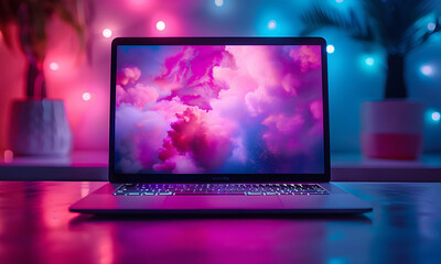 A MacBook Pro dynamically displayed on a podium