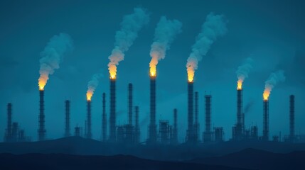 Obraz premium Illuminated Oil Refinery at Night with Steam Rising - Industrial Scene with Copy Space in 8K High Detail