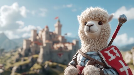 An alpaca dressed as a medieval knight, complete with armor and a lance, in front of a grand castle.