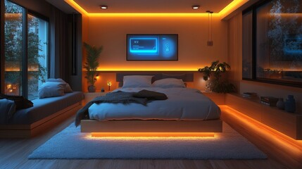 A modern bedroom featuring a holographic wellness tracker and ambient lighting in the evening