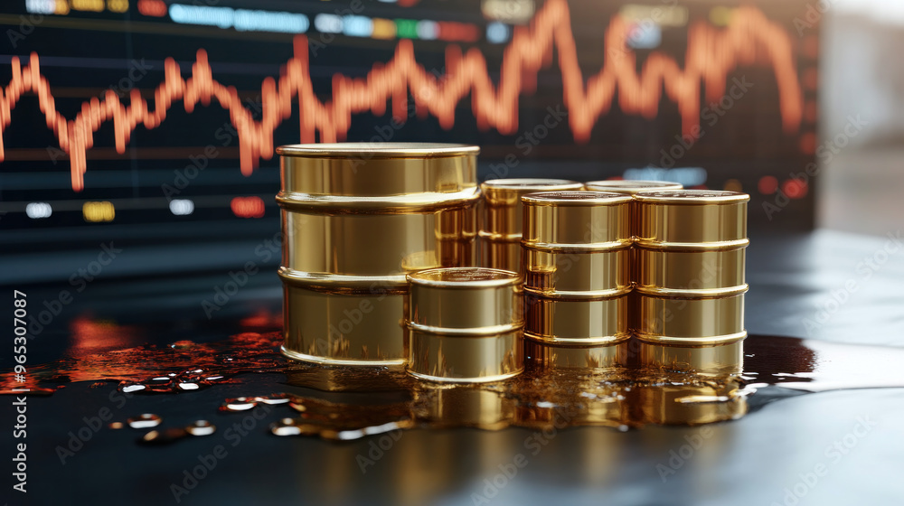 Poster a pile of gold coins sits on a table next to a graph of stock prices. the coins are arranged in a py