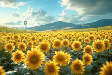 Fototapeta premium Sunflowers Field Landscape with Windmill and Mountains