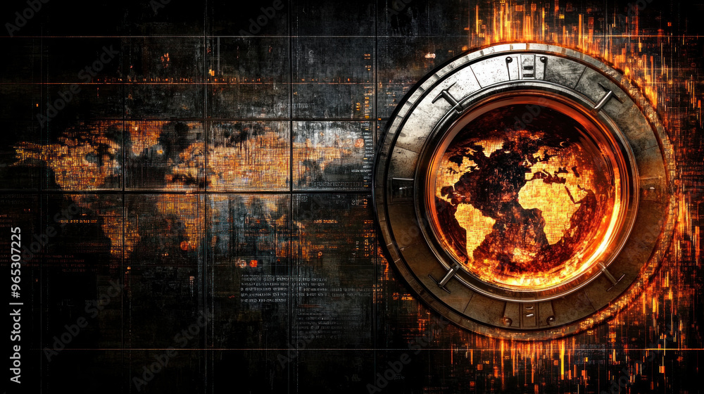 Poster a close up of a globe with a clock on it. the globe is surrounded by a dark background with a lot of
