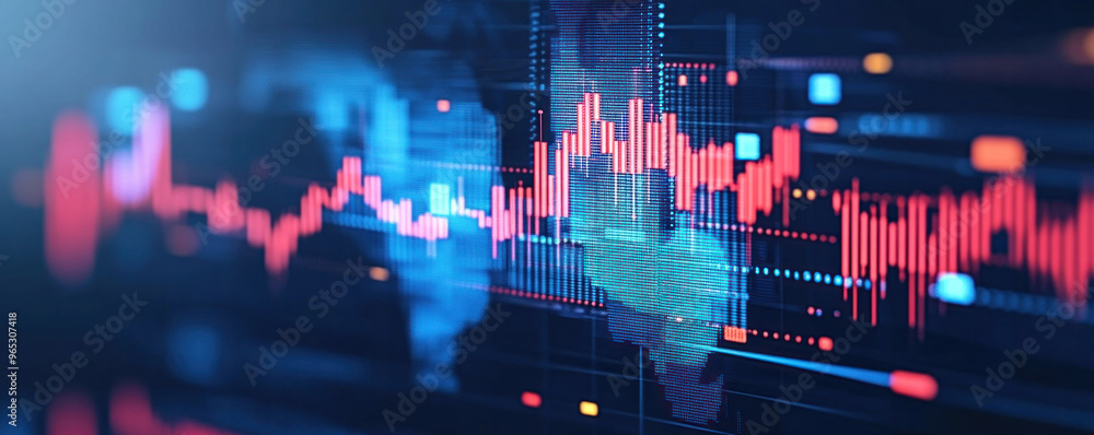Poster a colorful graph with red and blue lines. the graph is showing a fluctuation in numbers. the colors 