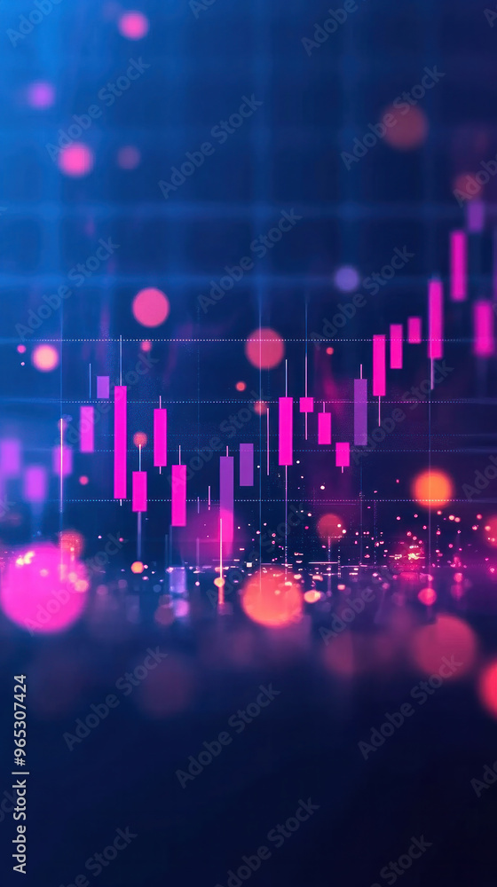 Poster a colorful graph with pink and purple lines. the graph is a representation of a stock market. the co