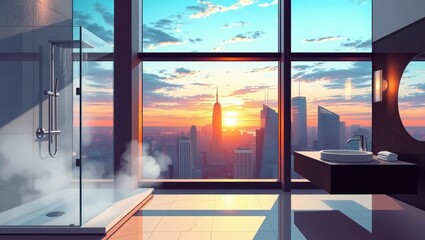 Fototapeta premium Modern Bathroom with City Skyline View at Sunset