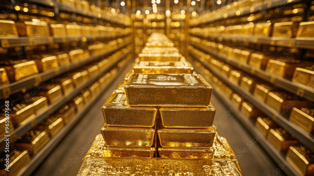 Poster a large number of gold bars are stacked on top of each other in a warehouse. the bars are shiny and 