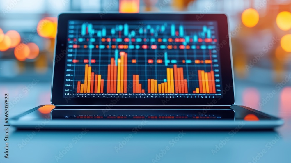 Poster insightful global oil market analysis charts on high-resolution digital tablet with copy space for d