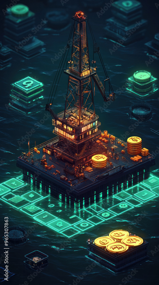 Poster a large oil rig is floating on the ocean with a bunch of coins on it. the coins are scattered all ov