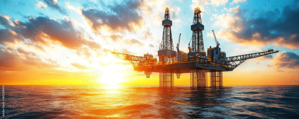 Poster a large oil rig is floating in the ocean with the sun setting in the background. the scene is serene
