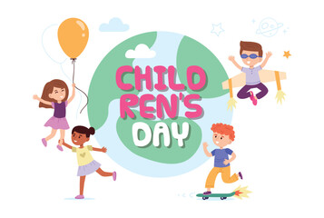 Vector illustration of International Children's Day. Cartoon scene of the planet with the inscription Children's Day, joyful children: girls with a balloon,holding a leg, boys on a skate, a rocket.