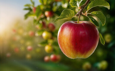 Obraz premium Fresh apples on tree with apple orchard background.