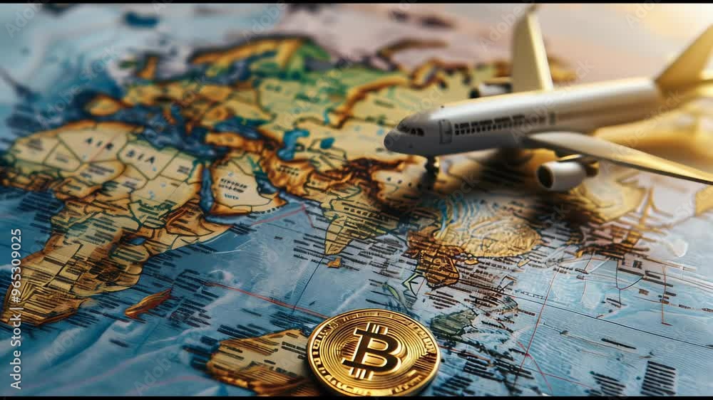 Poster a small airplane is on a map of the world with a bitcoin coin on the map