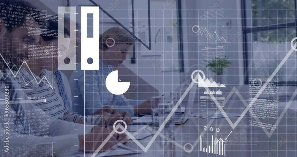 Poster animation of financial data processing over diverse colleagues working in office
