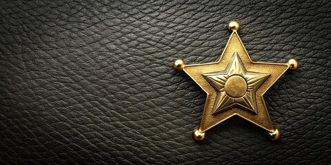 justice, symbol, macro shot, metal, crime, Wild West, western, frontier, police, Sheriff badge shining on a textured black leather background creating a captivating macro shot