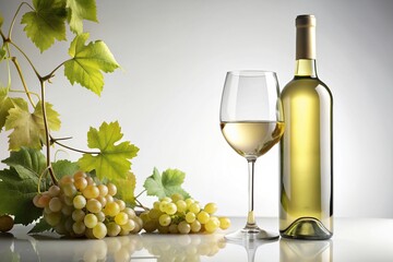 White wine bottle and glass placed on a white background with a close up view capturing the intricate grapevine pattern on the bottle and glass, alcohol, white background, relaxation