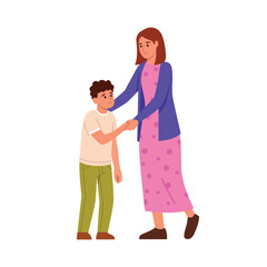 Vector illustration of mother with son.Cartoon scene upset boy dressed in t-shirt and pants gives hand,mother dressed in cardigan and dress hugs son by shoulders isolated on white background. Support.