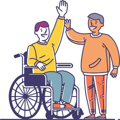 
A man in a wheelchair is waving and smiling, while another person stands next to him helping with his hand.vector illustration 