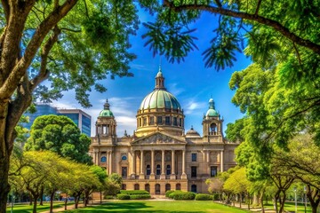 Fototapeta premium Palace of Justice building framed by trees and blue sky, frame, Pretoria, landmark, blue sky, Palace of Justice,architecture, building