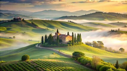 Naklejka premium Misty morning scene in the Tuscan countryside with rolling hills covered in green vegetation soft sunlight filtering through the fog and a charming villa nestled amidst the landscape
