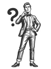 Fototapeta premium man deep in thought, symbolizing confusion or contemplation dilemma sketch engraving generative ai fictional character raster illustration. Scratch board imitation. Black and white image.