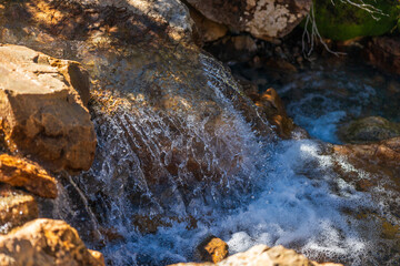 Fototapeta premium Stream waterfall close up in the early morning light