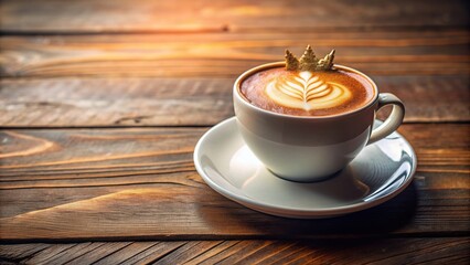 Obraz premium white cup, cozy, rustic,cappuccino, macro, wooden table, coffee, Cappuccino coffee in a white cup with a frothy milk crown displayed on a rustic wooden table in a cozy coffee shop