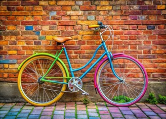 Fototapeta premium A brightly colored, oversized bicycle with a wonky wheel and mismatched handlebars leans precariously against a brick