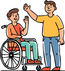 
A man in a wheelchair is waving and smiling, while another person stands next to him helping with his hand.vector illustration 