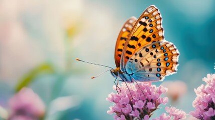 Obraz premium Butterfly on Pink Flower with Blue Background.