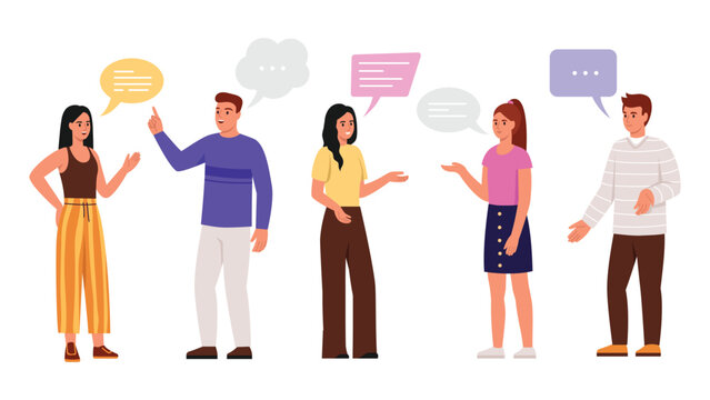 Vector illustration of a conversation between boys and girls.Cartoon scene of dialogue between boy and girl, girls and boy,dressed in t-shirts,pants,skirt isolated on white background. Speech bubbles.