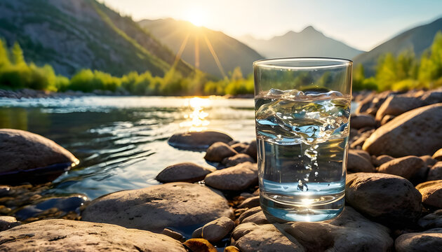 Tranquil mountain stream at sunset, crystal clear water glass filled with fresh spring water